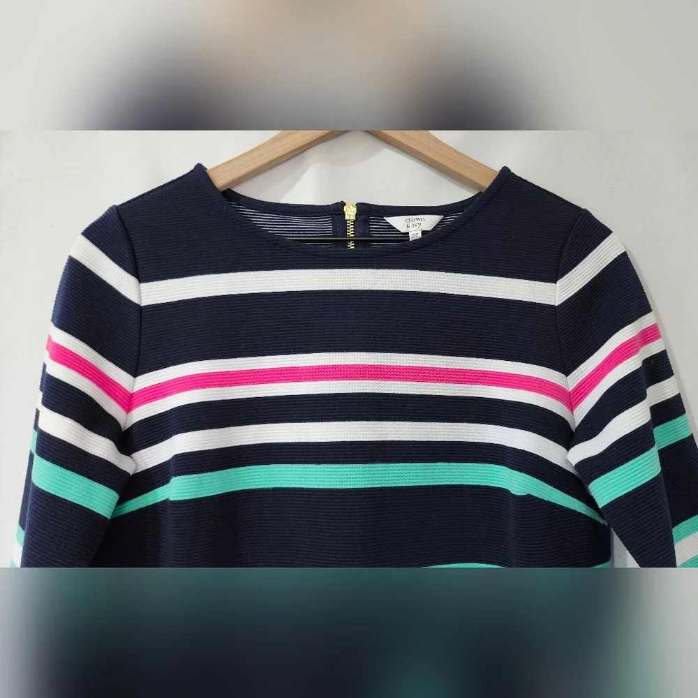 Pink Green Navy Stripe Womens Ribbed Dress Size XS Preppy Bodycon Resort Cruise - Picture 6 of 7